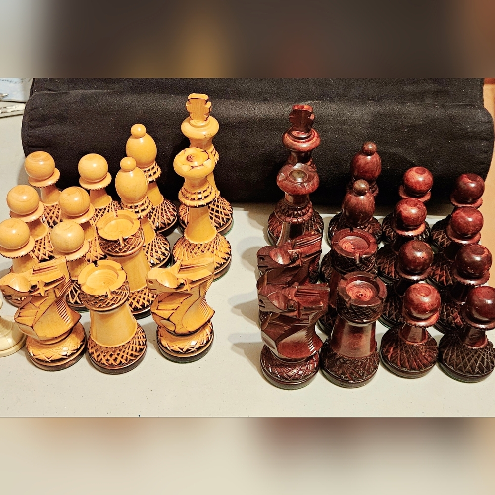 30 Hand Carved Chess Pieces Blonde & Dark Wood